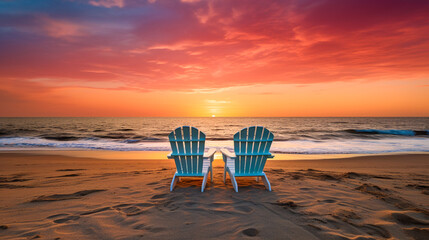 Two empty beach chairs on beach at sunset