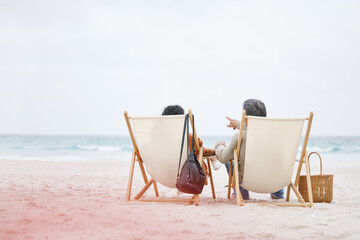 Relax beach, chair and back of couple love, support and communication on travel holiday, vacation...