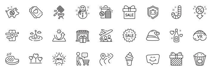 Fototapeta na wymiar Icons pack as Passenger, Love ticket and Road line icons for app include Sun protection, Piggy sale, Smile chat outline thin icon web set. Snowman, Love champagne, Vr pictogram. Sale. Vector