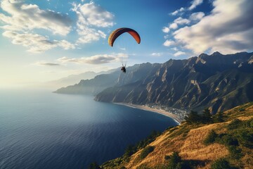 Paraglider flies over the sea against the background of mountains and blue sky - obrazy, fototapety, plakaty