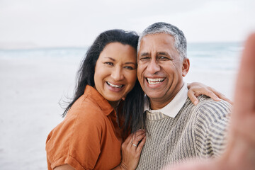 Beach, senior or selfie portrait of happy couple with love, smile or support for a romantic bond together. Ocean, old man or elderly woman taking photograph or picture memory in retirement in nature