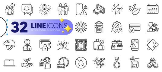 Outline set of Phone warning, Organic product and Book car line icons for web with Baggage reclaim, Internet documents, Startup concept thin icon. Chemistry dna, Ship, Sleep pictogram icon. Vector