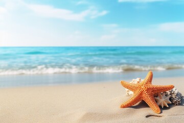 Fototapeta na wymiar Starfish on the beach with sea and sky background. Summer holiday concept