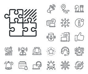 Decide Jigsaw sign. Place location, technology and smart speaker outline icons. Puzzle game line icon. Business strategy combination symbol. Puzzle game line sign. Vector