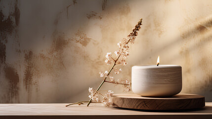 white candle and flowers on wooden table. 