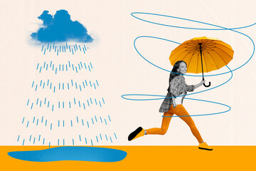 Creative composite photo collage of cheerful nice girl running outdoors with umbrella in rainy...