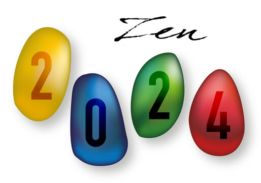 Nouvelle année 2024 sur le concept de l’esprit zen, avec l’image de quatre cailloux de couleurs qui symbolise la relaxation en thalassothérapie.