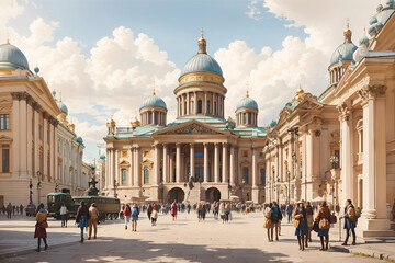 Obraz premium Fantastic St.Petersburg with architecture and people. Sketch in the graphic style of wet watercolor.