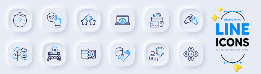 Fototapeta na wymiar Clapping hands, Shield and Blood line icons for web app. Pack of Payment methods, Video conference, Tree pictogram icons. Money, Online delivery, Quiz signs. Checkbox, Ranking stars. Vector