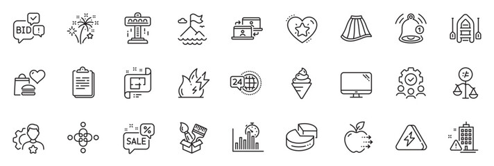 Icons pack as Ranking star, Discounts bubble and Computer line icons for app include Clipboard, Reminder, Bid offer outline thin icon web set. Discrimination, Lightning bolt. Vector