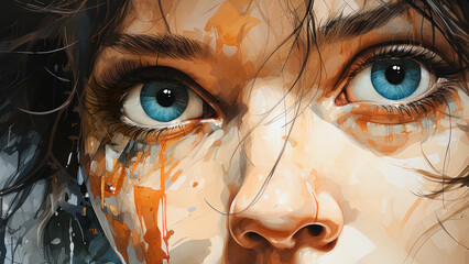 Digital abstract painting of a young woman - Closeup to the eyes