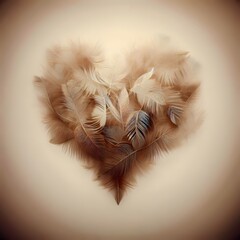 Heart made of tiny feathers in a soft light, dark background