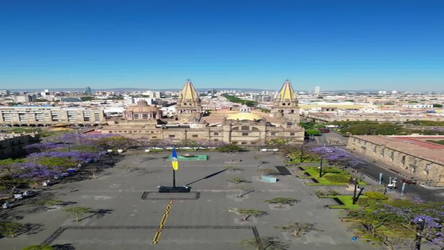 Approaching Guadalajara Cathedral Aerial Drone vertical Video over Plaza Tapatia