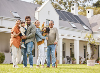 Happy big family, real estate and new home on grass or lawn together in happiness for property or...