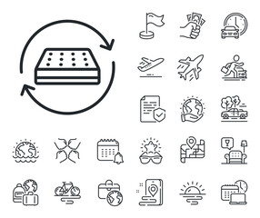 Change side of orthopedic pad sign. Plane jet, travel map and baggage claim outline icons. Two sided mattress line icon. Breathable sleep bed symbol. Mattress line sign. Vector