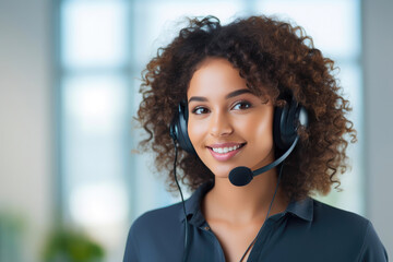 Smiling Call Center Agent with Curly Hair