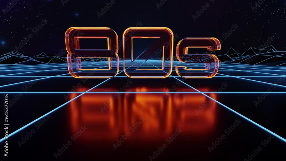 Poster synthwave animated background. 80s text. wireframe landscape. retro future perspective grid. retrowa