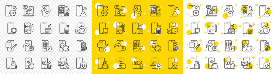 Smartphone device, phone report and download app set. Mobile apps line icons. Finger touch, mobile payment and phone device app line icons. Calculate report, smartphone code, chat message. Vector