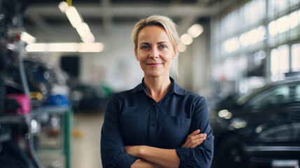 Cheerful Female Auto Mechanic in Action