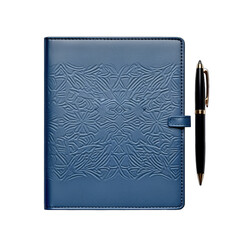 Top view blue notebook and black pen on a cutout PNG transparent background