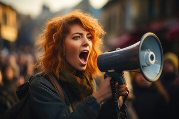 Passionate Female Protester Rallying the Crowd