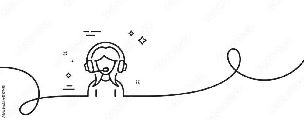 Poster user support line icon. continuous one line with curl. female profile sign. woman person silhouette 