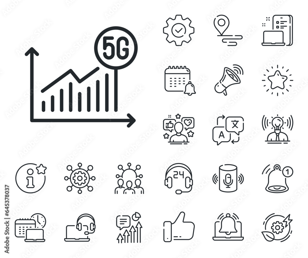 Poster wireless technology sign. place location, technology and smart speaker outline icons. 5g statistics 