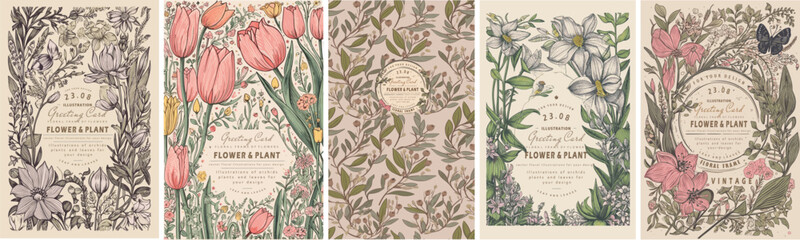 Vintage floral greeting cards. Vector illustration of flowers, orchid, tulip, frame, wild flowers, plants and leaves on vintage paper for background, pattern or poster. 