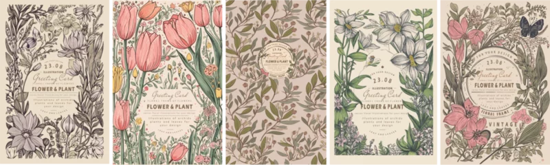 Tuinposter Vintage floral greeting cards. Vector illustration of flowers, orchid, tulip, frame, wild flowers, plants and leaves on vintage paper for background, pattern or poster.  © Ardea-studio