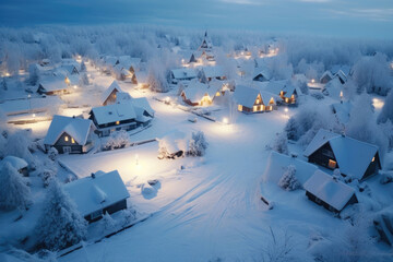Fototapeta na wymiar Twilight Serenity: Snowy Village Illumination