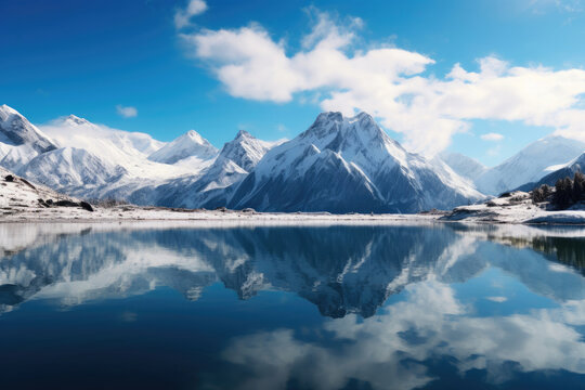 Snowy Peaks Reflected in Alpine Lake © AIproduction