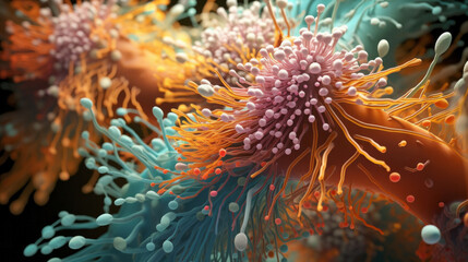 Naklejka na ściany i meble Close up of bacteria and virus cells. Biology, Science medicine background
