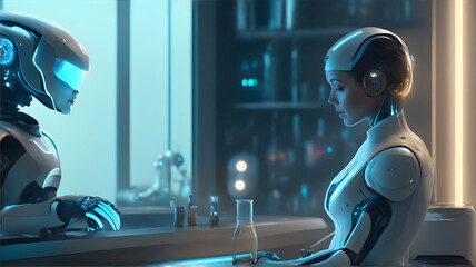 Two advanced humanoid robots conducting experiments inside a laboratory. Generative AI
