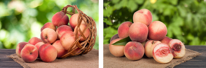 peaches in a wicker basket on wooden table with blurred background