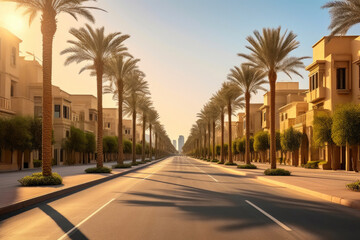 Fototapeta na wymiar Scenic Dubai: Palm Trees Along the Road
