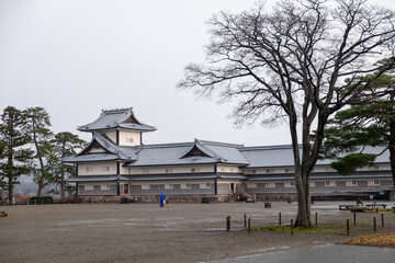 Fototapeta na wymiar Gojukken Nagaya, which is connected to Hishi Yagura, was used as storage for weapons and other tools. the second floor of the reconstructed building, 
