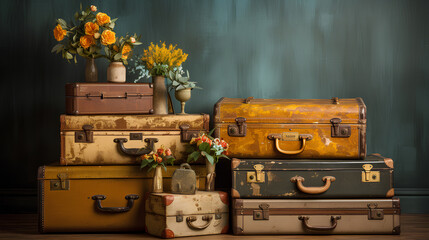 vintage suitcases on dark background