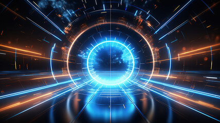 Obraz premium Futuristic HUD tunnel. Display screens for tech titles and background. Generative Ai