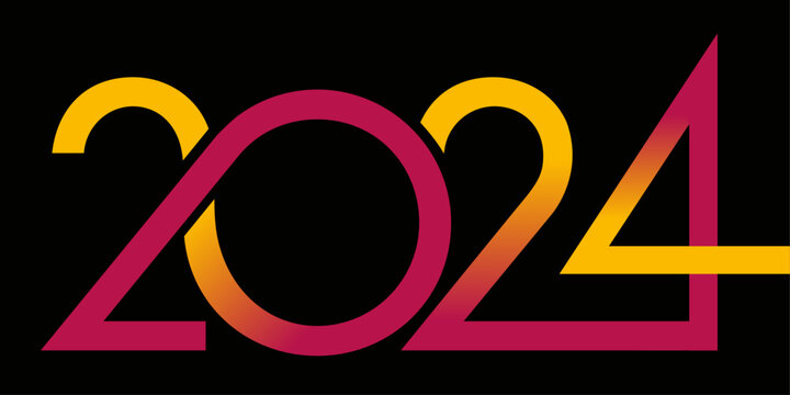 Carte de vœux artistique pour présenter l’année 2024 avec une succession de courbes de couleur rouge et jaune sur un fond noir.