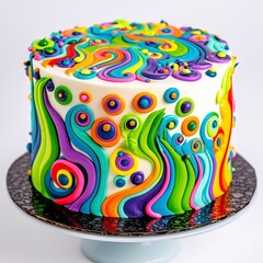 Psychadelic rainbow birthday cake white background 