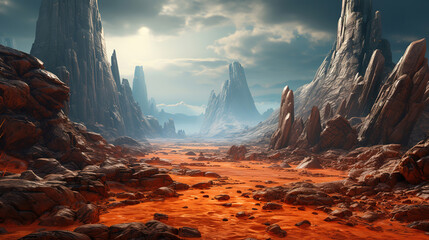 Sharp rocks in a dangerous alien planet, Bright color. Generative Ai
