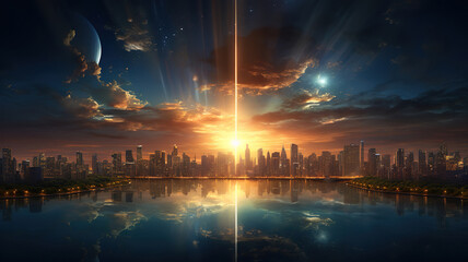 Sunrise over the planet Earth concept with a bright sun and flare and city lights. Generative Ai