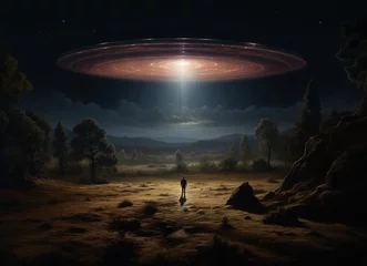 Crédence de cuisine en verre imprimé UFO Flying saucer is flying over a man illustration