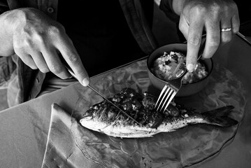 Man eating grilled dorada fish and rice with celery root puree in a seaside provencal restaurant in Camargue, France. Simple healthy delicious local food. Food background. Black white photo. - obrazy, fototapety, plakaty