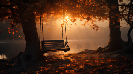 autumn landscape with a swing and a tree