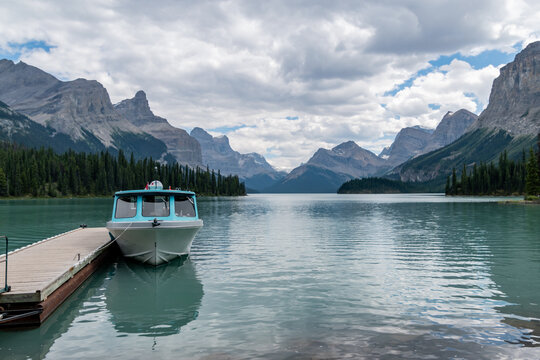 boat on the maligne lake in Jasper national park