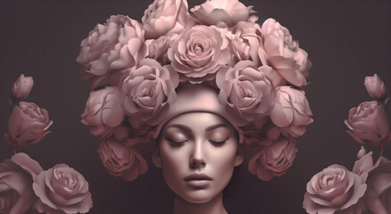 art woman fashion peony rose beauty flower trendy abstract lady face. Generative AI.