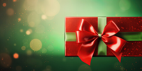 Gift box with red ribbon on green festive background. Christmas concept. Generative Ai illustration