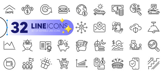 Outline set of Flight destination, Yoga mind and Swipe up line icons for web with Ceiling lamp, Global business, Gift thin icon. Lounger, Line chart, Leadership pictogram icon. Vector