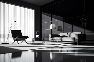 Living room minimalism in modern interior design with a black and white